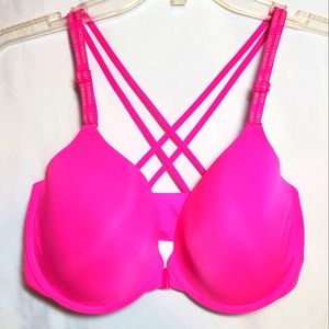 34DDD Victoria’s Secrets Hot Pink Front Closure T-Shirt Lightly Demi Bra Cross